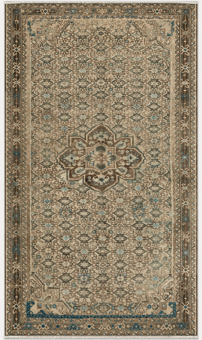 Handmade Persian Wool Area Rug 7x10 - Beige, Brown & Soft Blue Vintage Geometric Medallion Persian Style Rug - Exact Size 11'0" x 5'5" - KBHM-723