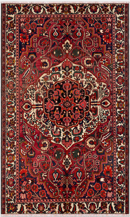 Handmade Persian Wool Area Rug 7x10 - Red, Ivory & Navy Floral Medallion Persian Style Rug - Exact Size 9'8" x 7'0" - KBHM-717