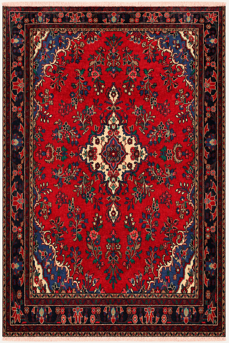 Handmade Persian Wool Area Rug 7x10 - Red, Navy & Ivory Floral Medallion Persian Style Rug - Exact Size 9'9" x 6'9" - KBHM-709