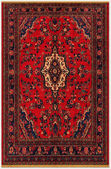 Handmade Persian Wool Area Rug 7x10 - Red, Navy & Ivory Floral Medallion Persian Style Rug - Exact Size 9'9" x 6'10" - KBHM-706