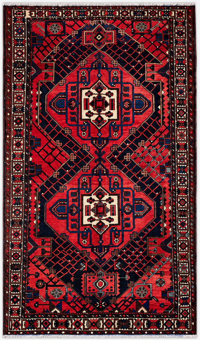 Handmade Persian Wool Area Rug 7x10 - Red, Navy & Ivory Tribal Geometric Medallion Persian Style Rug - Exact Size 10'1" x 6'8" - KBHM-702