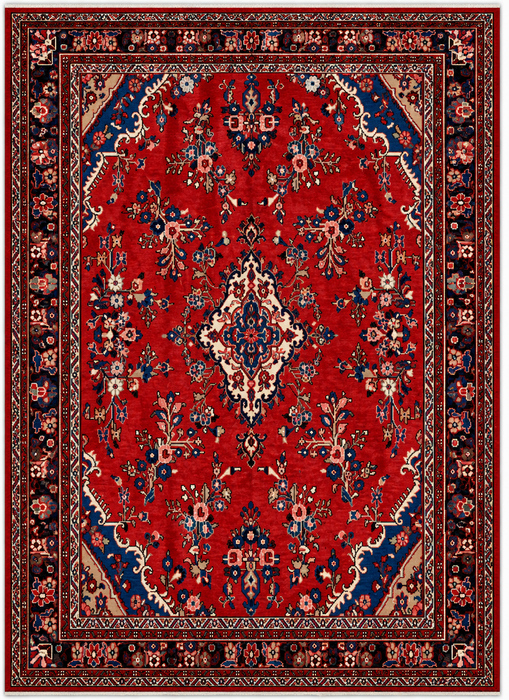 Handmade Persian  Wool Area Rug 7x10 - Red, Navy & Ivory Traditional Medallion Persian Style Rug - Exact Size 9'11" x 7'1" - KBHM-1025