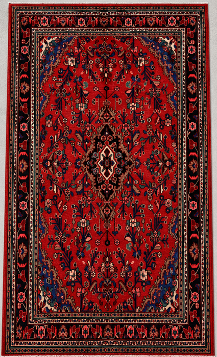 Handmade Persian Wool Area Rug 7x10 - Red Floral Medallion Persian Style Rug with Navy Border - Exact Size 10'0" x 7'0" - KBHM-847