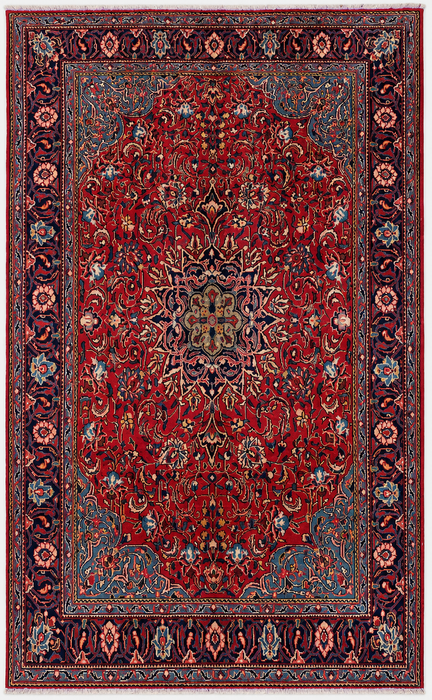 Handmade Persian Wool Area Rug 7x10 - Red Floral Medallion Persian Style Rug with Navy Border - Exact Size 9'5" x 7'0" - KBHM-845