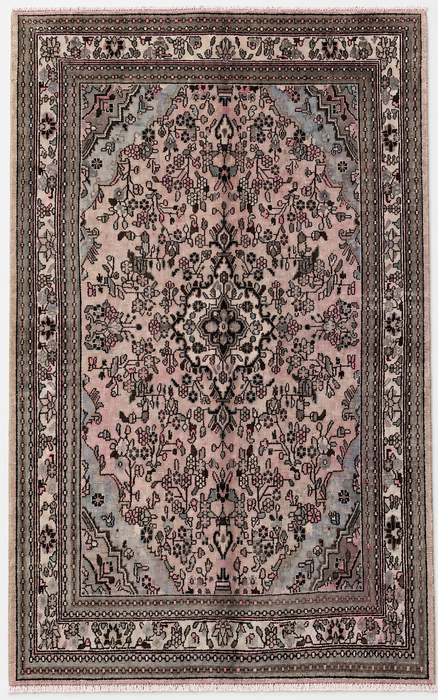 Handmade Persian Wool Area Rug 7x10 - Soft Beige Floral Medallion Persian Style Rug with Ivory Border - Exact Size 9'9" x 7'4" - KBHM-842