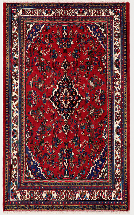Handmade Persian Wool Area Rug 7x10 - Red Floral Medallion Persian Style Rug with Ivory Border - Exact Size 10'1" x 6'11" - KBHM-836