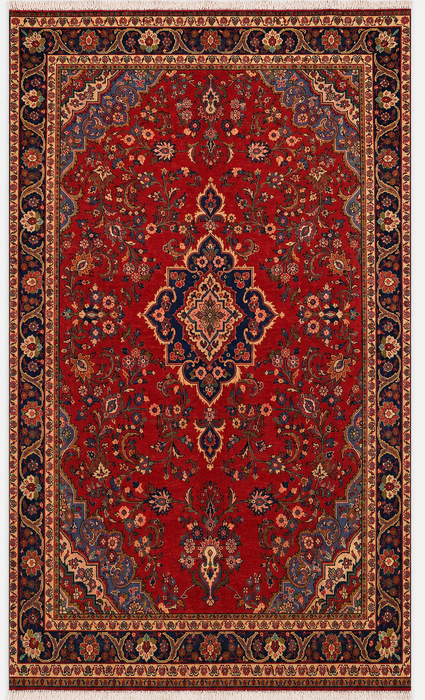 Handmade Persian Wool Area Rug 7x10 - Red Floral Medallion Persian Style Rug with Navy Border - Exact Size 11'4" x 6'4" - KBHM-834