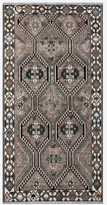 Handmade Persian Wool Area Rug 7x10 - Taupe Geometric Tribal Persian Style Rug with Ivory Border - Exact Size 9'8" x 5'6" - KBHM-831