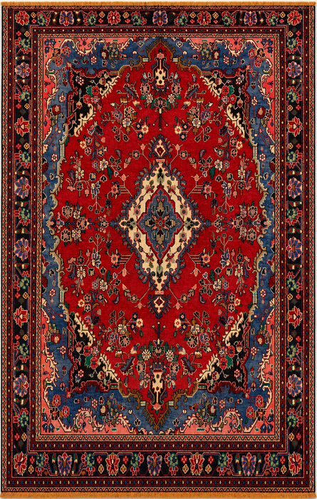 Handmade Persian Wool Area Rug 7x10 - Red, Blue & Ivory Traditional Floral Persian Style Rug - Exact Size 9'8" x 6'9" - KBHM-1104