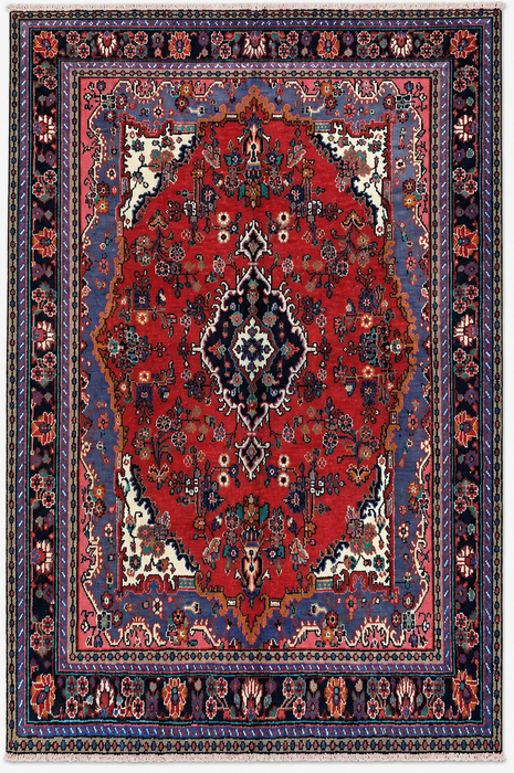 Handmade Persian Wool Area Rug 7x10 - Red, Blue & Ivory Floral Medallion Persian Style Rug - Exact Size 9'11" x 6'11"- KBHM-696