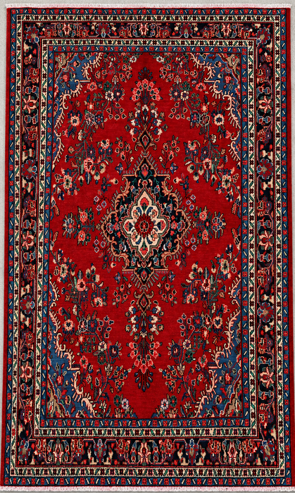 Tapis persan en laine noué à la main de 10'0 x 7'1 - Motif médaillon floral rouge - KBHM-989