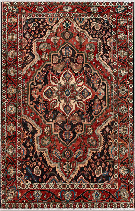 Handmade Persian Wool Area Rug 7x10 - Red, Ivory & Navy Tribal Medallion Persian Style Rug - Exact Size 9'8" x 7'0" - KBHM-715