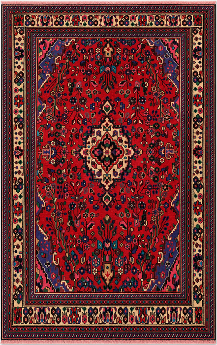 Handmade Persian Wool Area Rug 7x10 - Red, Blue & Ivory Floral Medallion Persian Style Rug - Exact Size 9'3" x 6'9" - KBHM-1089