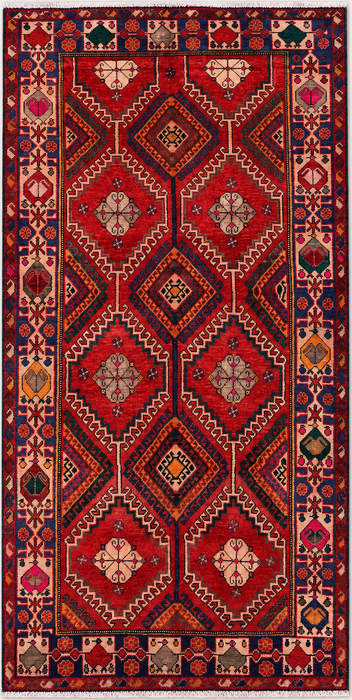 Handmade Persian Wool Area Rug 7x10 - Red, Navy & Ivory Tribal Geometric Diamond Persian Style Rug - Exact Size 9'11" x 5'6" - KBHM-1048