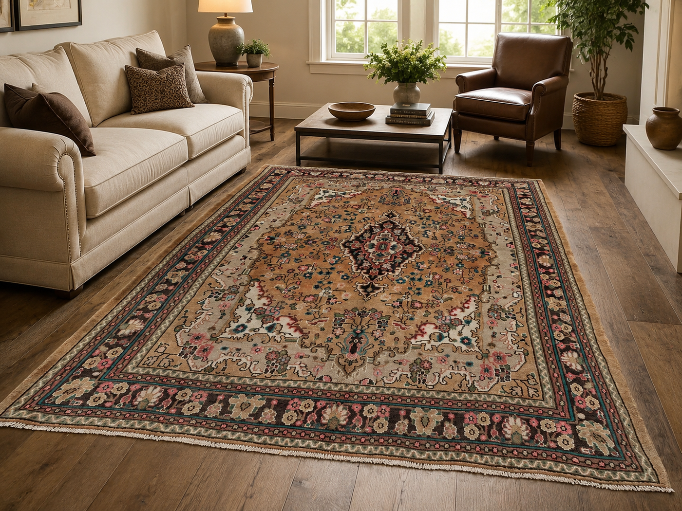 9'2" x 6'11" Handmade Persian Wool Rug styled in a room