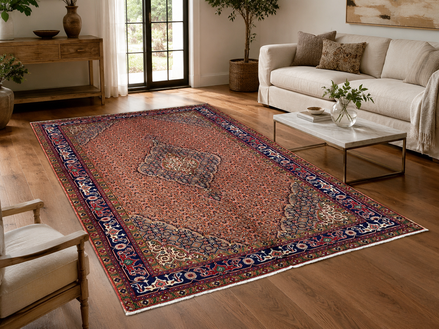 9'9" x 6'6" Handmade Persian Wool Rug styled in a room