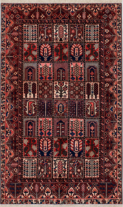 9'6" x 6'7" Hand-Knotted Persian Wool Rug – Red, Navy & Ivory Geometric Panel Design – KBHM-775