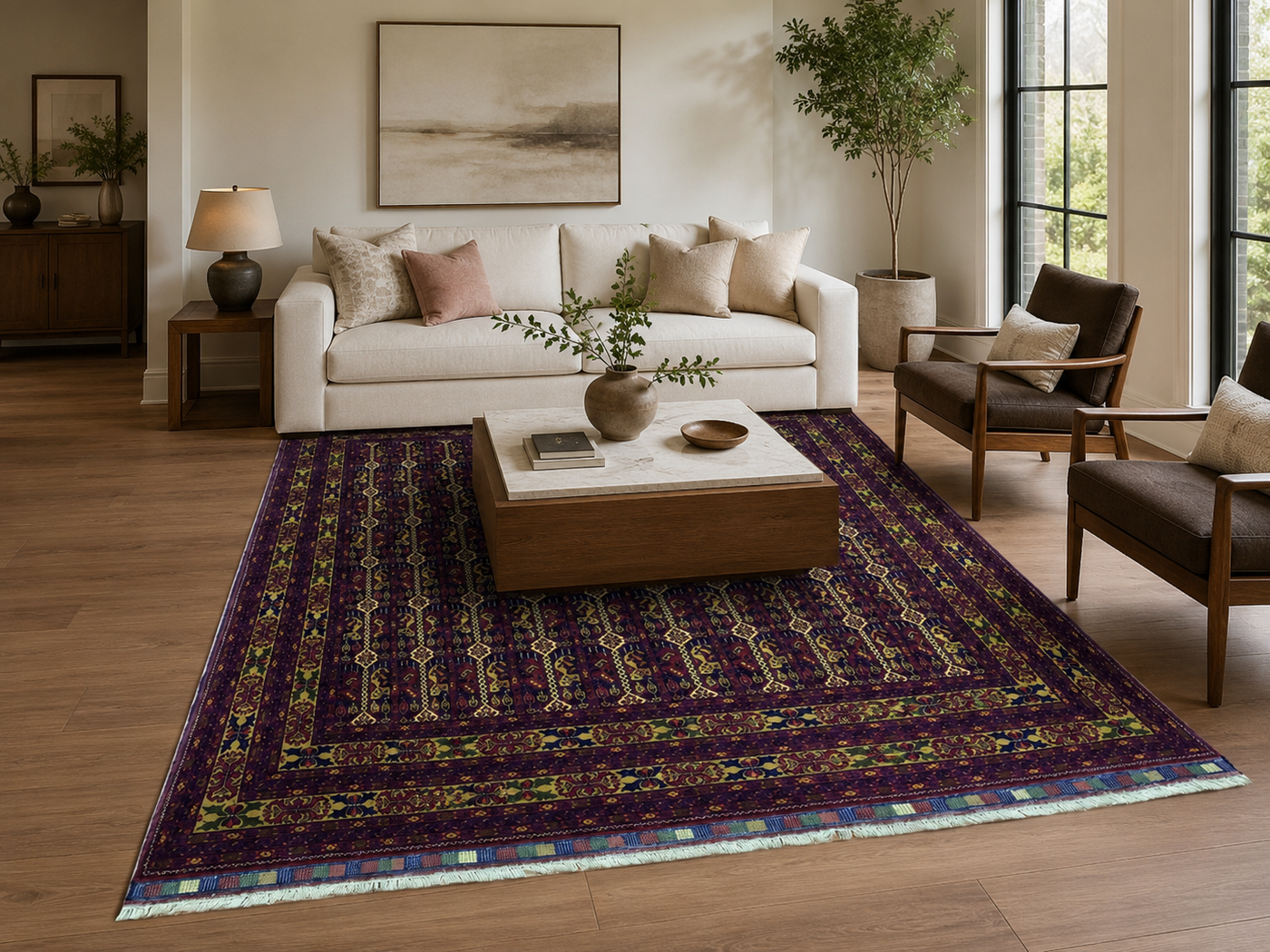 6'9" x 9'8" Handmade Persian Wool Rug styled in a room