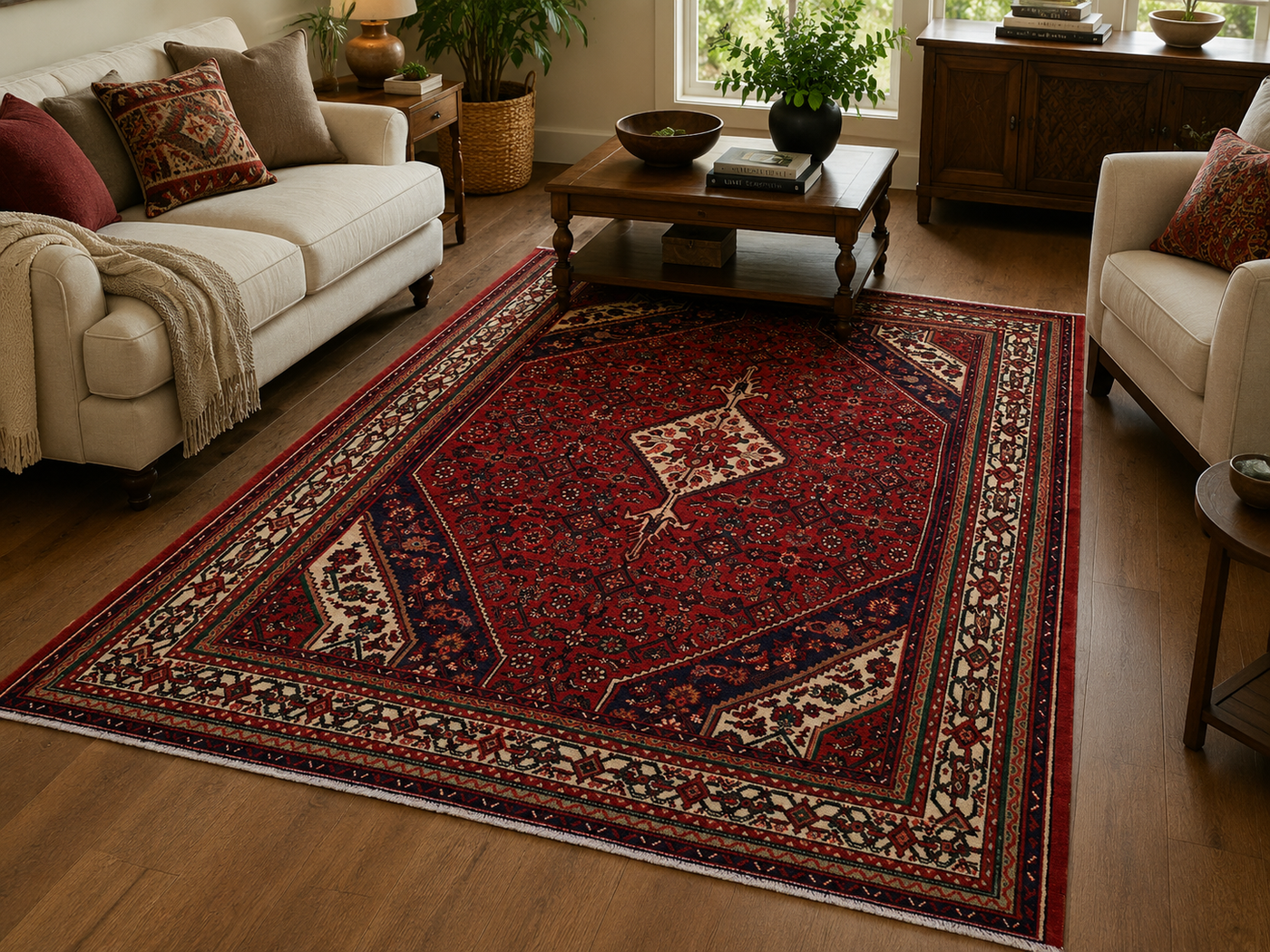 9'8" x 6'10" Handmade Persian Wool Rug styled in a room