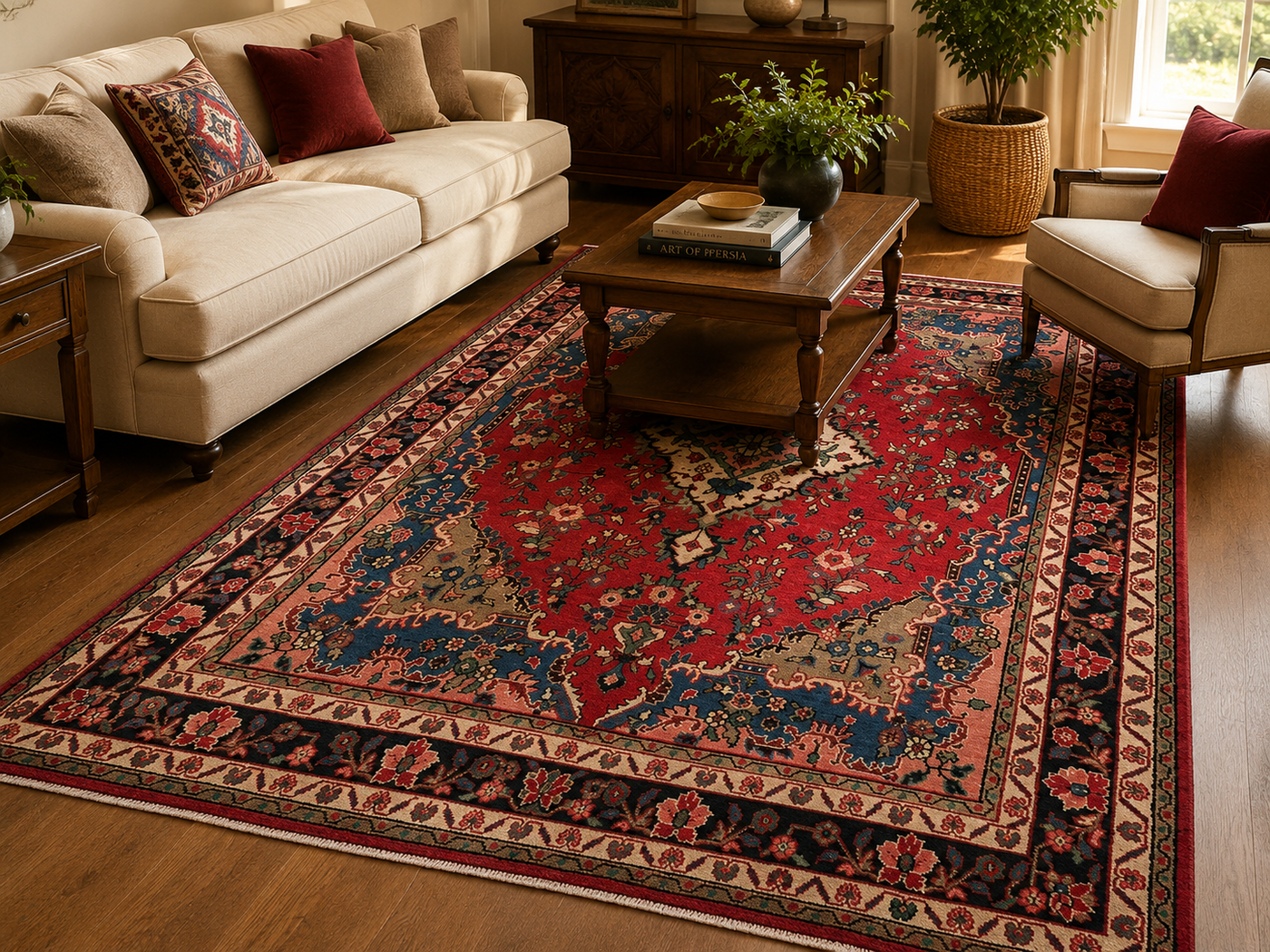 9'8" x 6'10" Handmade Persian Wool Rug styled in a room