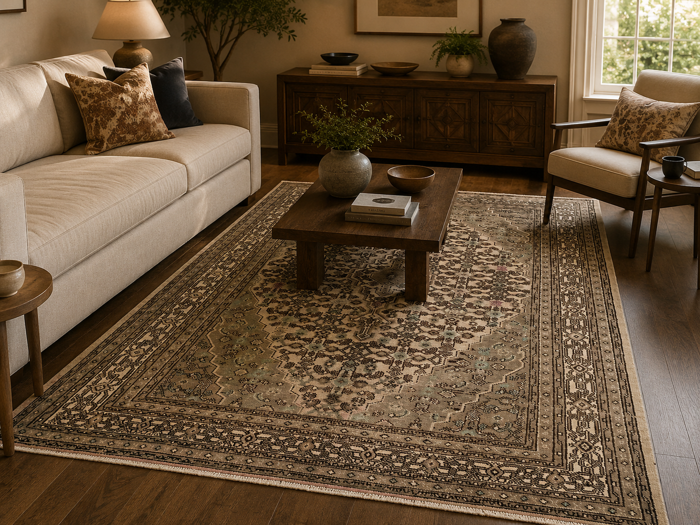 9'8" x 6'11" Handmade Persian Wool Rug styled in a room