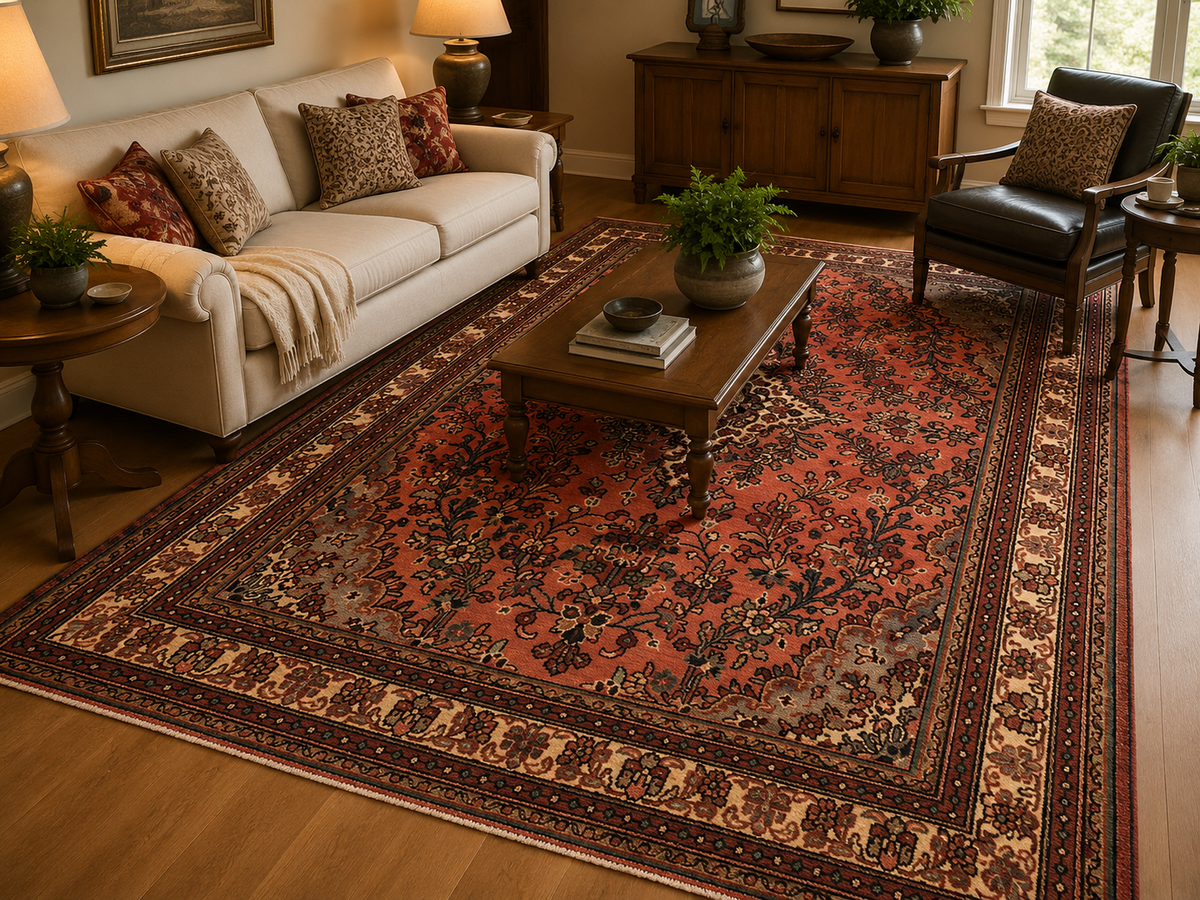 9'6" x 6'11" Handmade Persian Wool Rug styled in a room