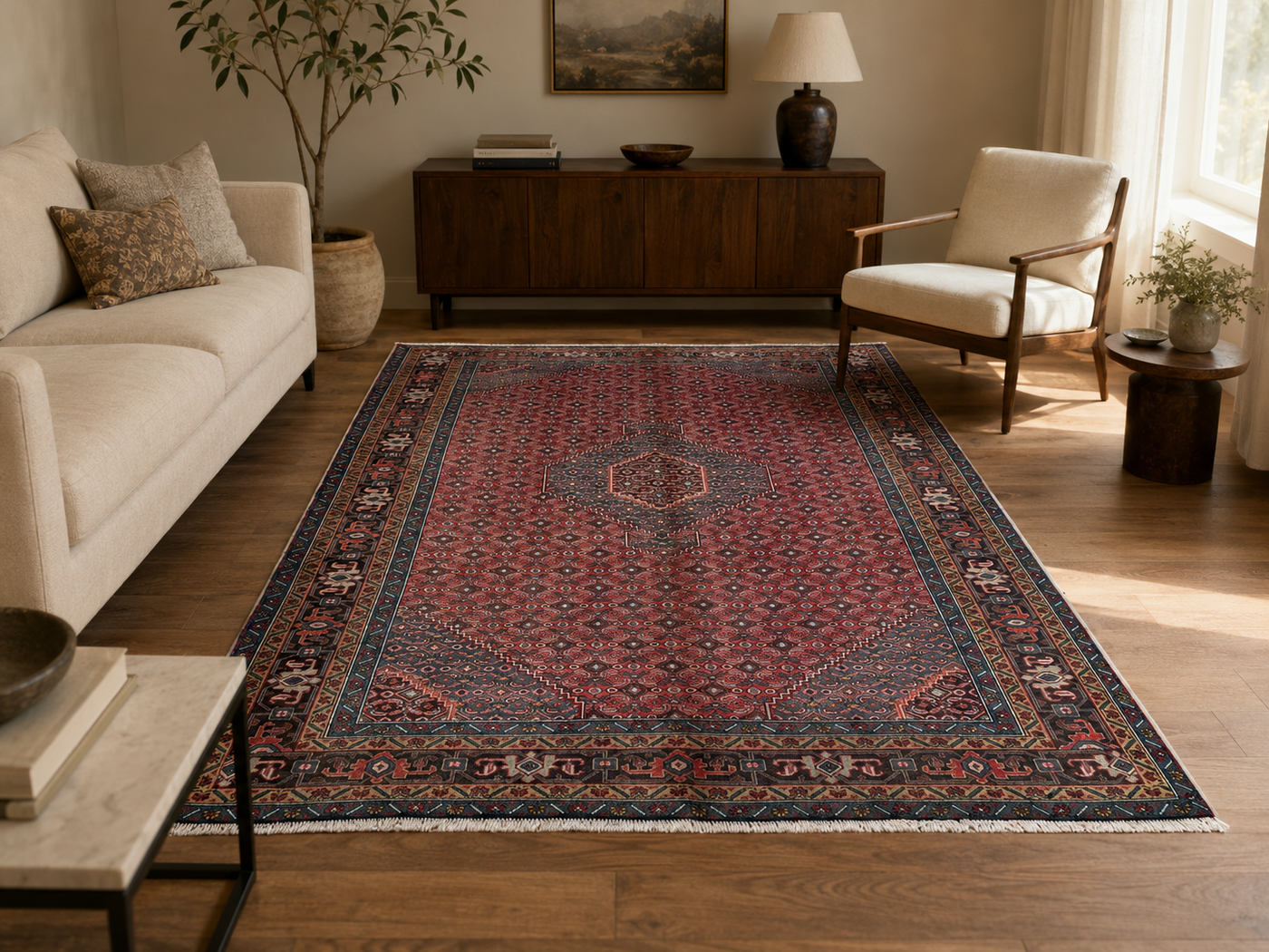 9'5" x 6'3" Handmade Persian Wool Rug styled in a room