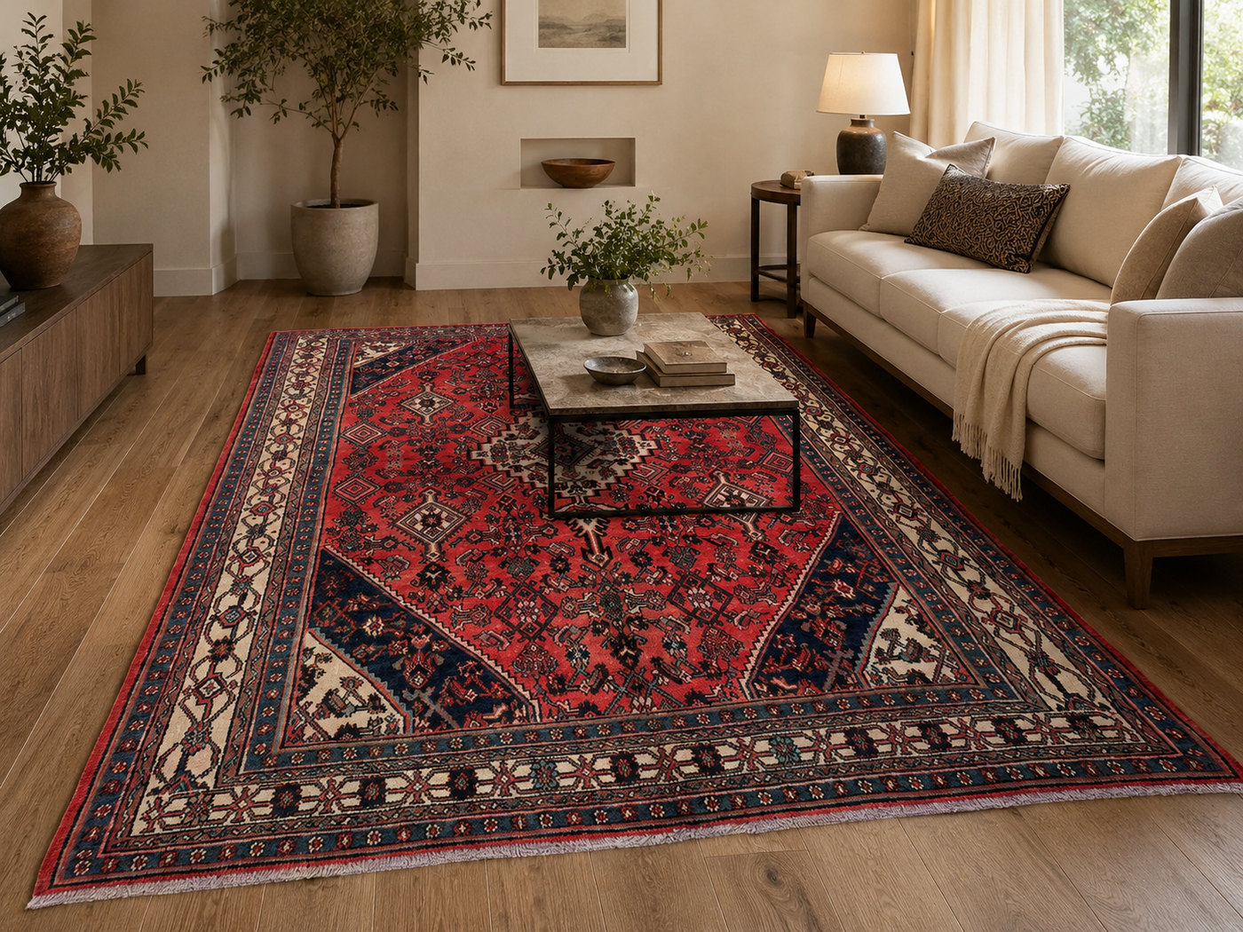 9'10" x 6'8" Handmade Persian Wool Rug styled in a room