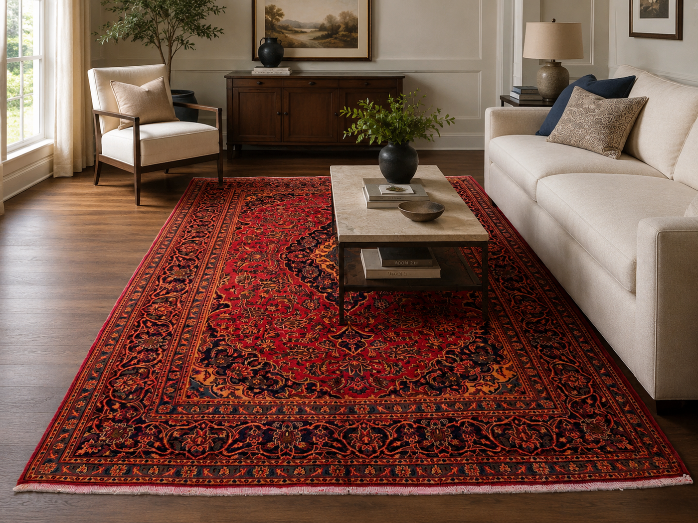 9'5" x 6'3" Handmade Persian Wool Rug styled in a room