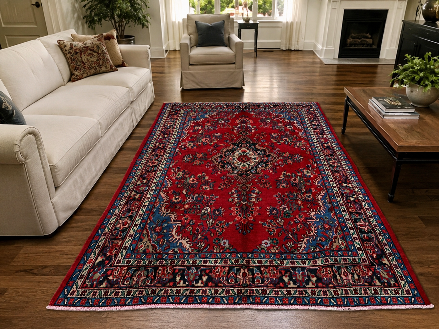 Tapis persan en laine noué à la main de 10'0 x 7'1 styled in a room