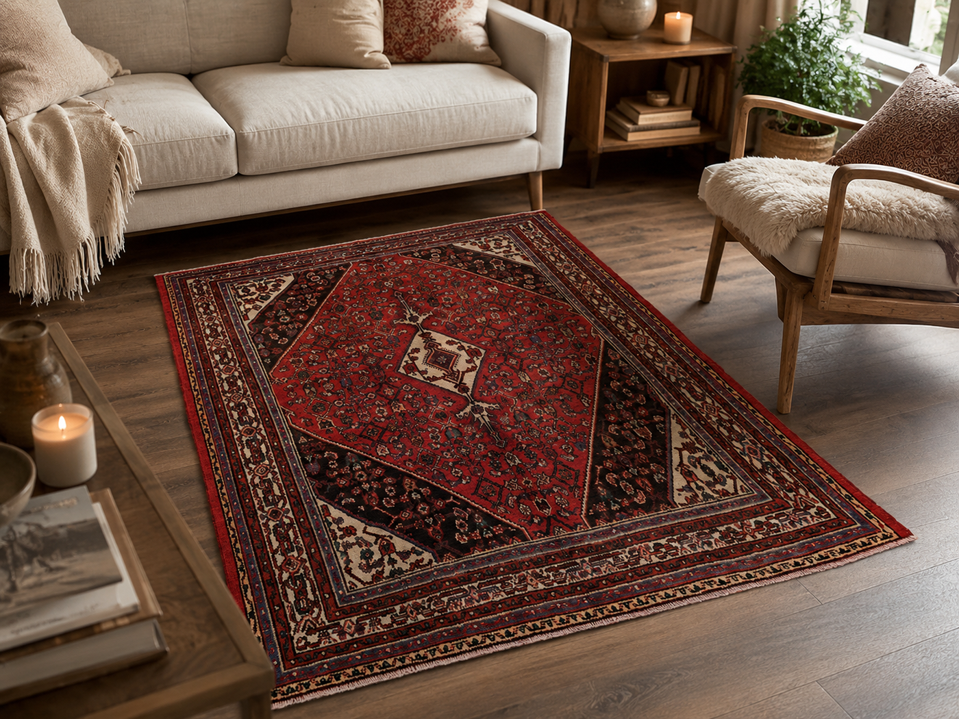 9'9 x 6'10 Hand-Knotted Persian Wool Rug in Red, Ivory & Brown Traditional Geometric Medallion Design | KBHM-1031 room styling example