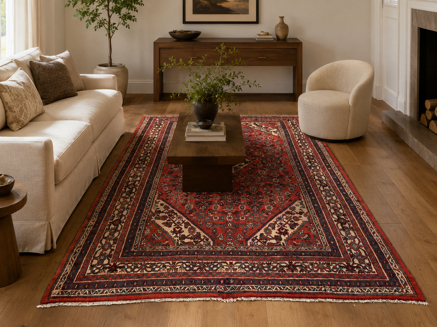9'10" x 6'10" Handmade Persian Wool Rug styled in a room