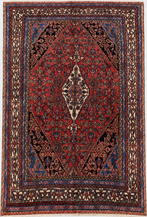 Handmade Persian Wool Area Rug 7x10 - Red, Blue, Ivory & Blush Traditional Medallion Persian Style Rug - Exact Size 10'4" x 6'9" - KBHM-1150